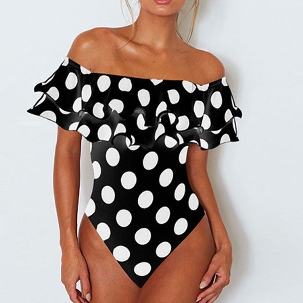 Polkadot Oversized Off Shoulders Flounce Ruffled One Piece Bathing Suit (NWOT)